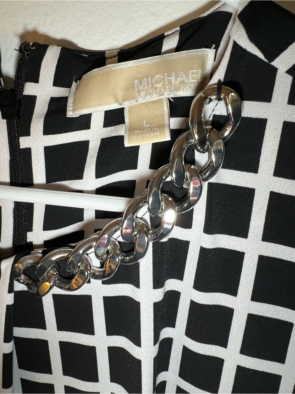 MICHAEL Michael Kors Black & White Grid Dress with Chunky Silver Chain